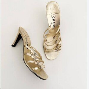 Rare Chanel Iconic "CC" Rhinestone Metallic Leather Sandal Heels size 40
